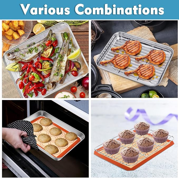 P&P CHEF 10.4 Inch Baking Sheet Pan Cooling Rack with Mat Set for Cookie | Stainless Steel Cookie Pan with Cooling Rack and Silicone Mat for Baking & Roasting, Oven & Dishwasher Safe, Easy Clean