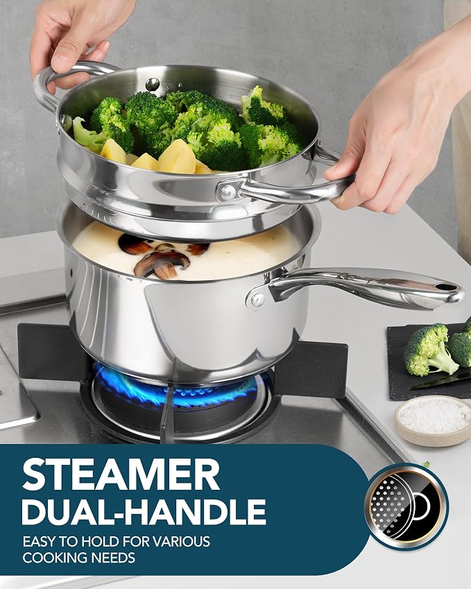 MICHELANGELO 1.5 Quart Saucepan with Steamer, Stainless Steel Saucepan with Lid, Triply Bottom Induction Compatible, Multipurpose Sauce Pot, Dishwasher Safe