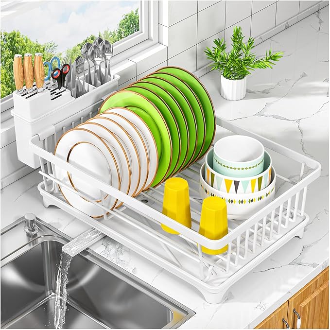 Kmiectse Dish Drying Rack for Small Kitchen Counter with Utensil Holder | Space Saving, Rust Resistant, Quick Drainage Dish Rack, Compact Dish Drainer Organizer for Home Kitchen, White