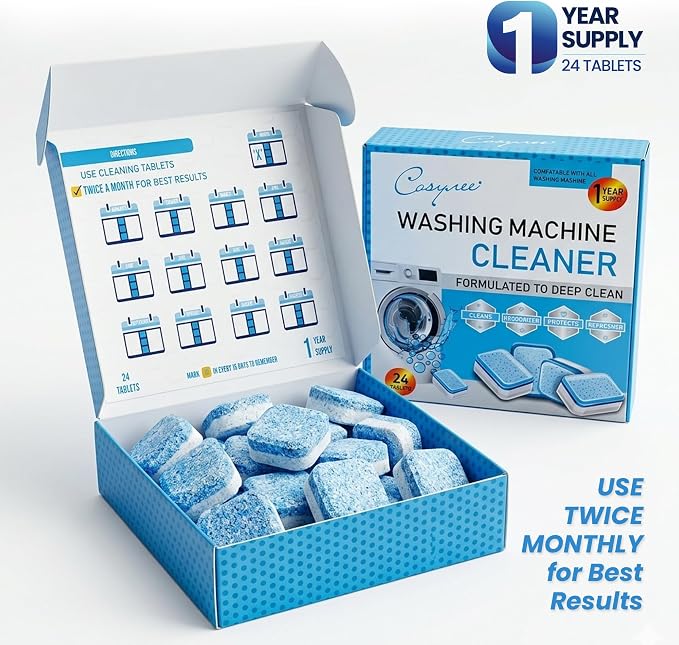 Washing Machine Cleaner Descaler 24 Pack - Deep Cleaning Tablets For Front Loader & Top Load Washer, Eco-Friendly Deodorizer, Clean Inside Drum and Laundry Tub Seal - 12 Month Supply