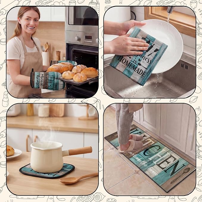 10 Pcs Kitchen Decor and Accessories Set, Turquoise Teal | 4 Dish Towels Kitchen Rugs 2 Oven Mitts 2 Pot Holders, Home Decor for Cooking Baking BBQ Gifts Women Mom Housewarming