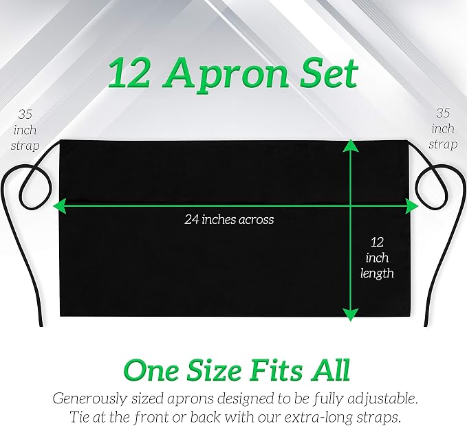 Server Aprons with 3 Pockets - Waist Apron, Waitress Apron for Women and Man, Water Resistant with Long Waist Strap Reinforced Seams, Half Apron (12 Pack - Black)