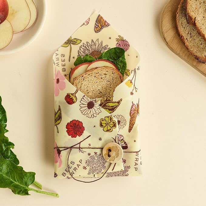 Bee's Wrap Vegan Sandwich Wrap - Meadow Magic | Button & Tie Closure - Plastic Free - Organic Plant Based Wraps - Reusable Lunch Wrap - Sandwiches & Snacks - Made in USA