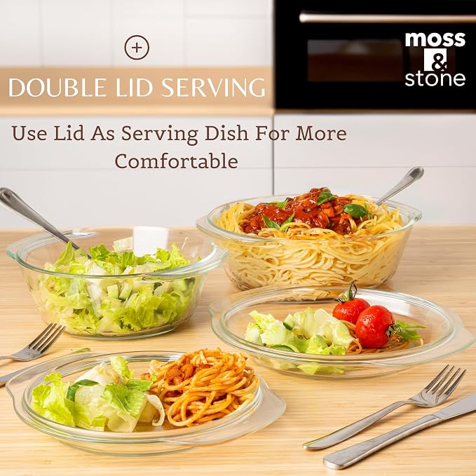 Moss & Stone Clear Glass Casserole Dish Set with Lids, Glass Baking Dishes | 6-Piece Tempered Borosilicate Glass Bakeware Set, 3 Round Baking Dishes for Oven, Microwave, Serving & Food Storage