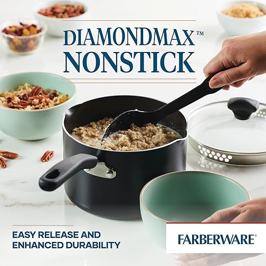 Farberware Cookstart Aluminum DiamondMax Straining Nonstick Saucepan, 3-Quart, Black