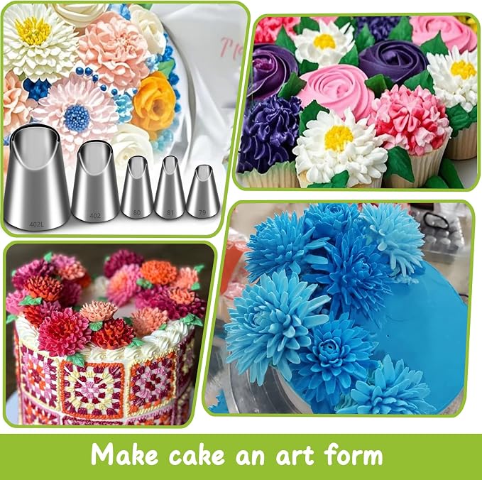 Suuker 5 Pieces Chrysanthemum Piping Tips Set | Stainless Steel, Cake Decorating Tips, Frosting Icing Tips, 402L 402 79 80 81