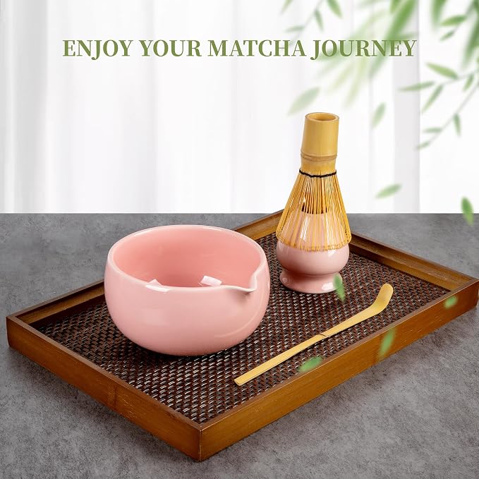 YIBO Matcha Whisk Set Pink, Handcrafted Bamboo Chasen & Ceramic Bowl Matcha Kit, Holder, Stainless Steel Sifter, Scoop Measuring Spoon & Cup Tools for Matcha Tea Ceremony