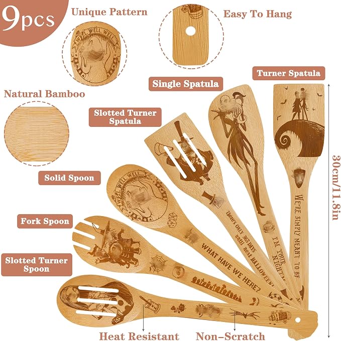 Night Christmas Gifts,Magic Pattern Wooden Cooking Spoons with Apron Oven Mitt Potholder-Halloween Kitchen Decor Cooking Utensils 9pcs,Night Gift for Fans,Women,Mother's Day,Housewarming