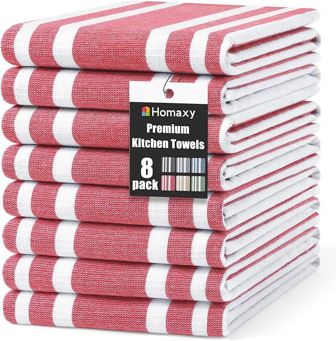 Homaxy Premium Cotton Stripe Kitchen Towels 8 Pack, 18"x 28", Red | Large 380 GSM Kitchen Hand Towels, Soft Terry Dish Towels, Highly Absorbent Tea Towel Set with Hanging Loop
