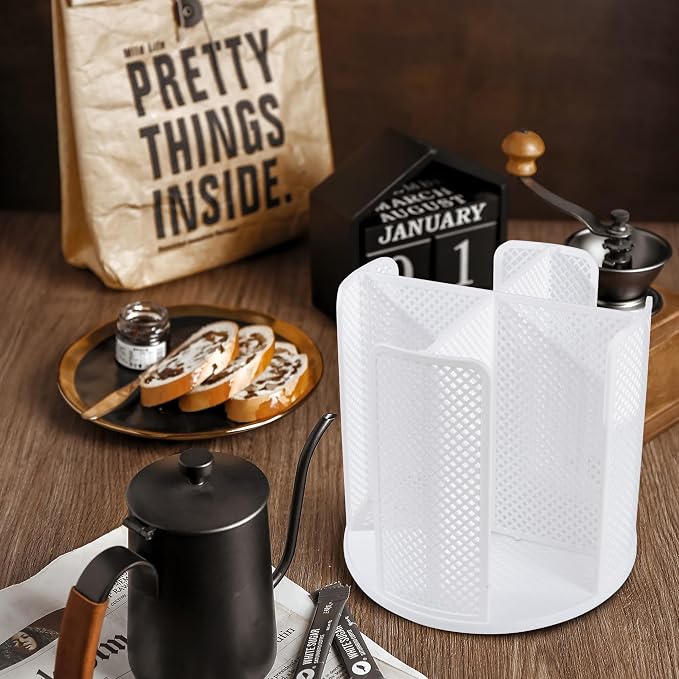 Rotating Paper Cup Dispenser, Cup Holder with 4 Compartments, Disposable Coffee Cup Dispenser Removable, Plastic Cup Storage & Lid Holder for Countertops, Kitchen, Coffee Stations (White)