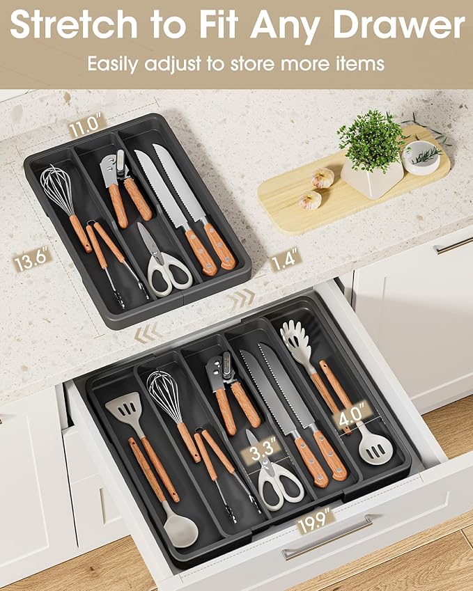 Aujen Silverware Drawer Organizer, Adjustable Utensil Cutlery Tray | Expandable Kitchen Organizer for Forks Knives, Multipurpose Kitchen Storage, Apartment Essentials, Black, X-Large