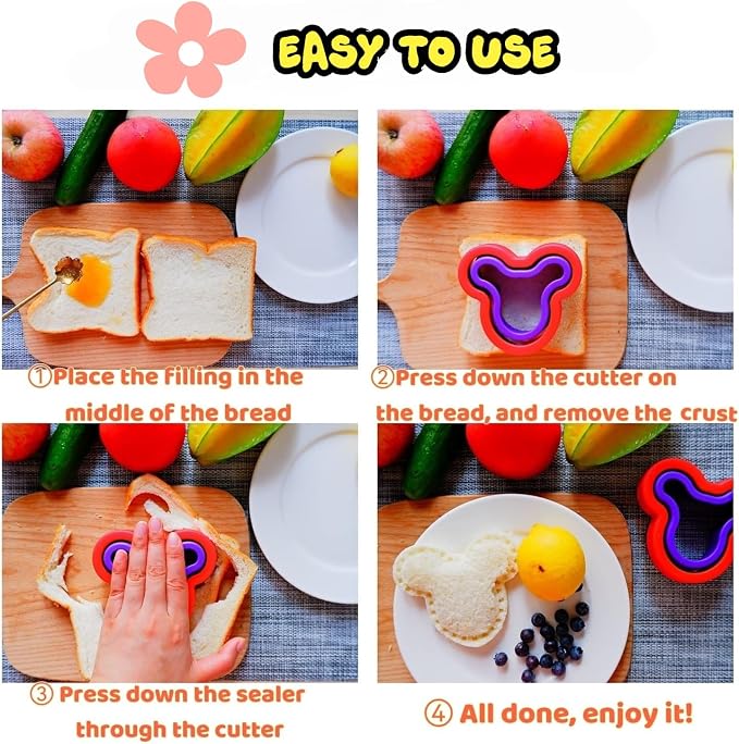 Uncrustable Sandwich Cutter, Crustless Sandwich Cutter and Sealer Set | 12PCS Sandwich Cookie Cutters, Heart Star Dino Mouse Shapes, Lunch & Bento Box Accessories