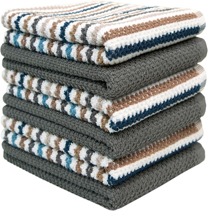 Bumble Kitchen Towels 6 Pack 100% Cotton 16"x26" - Grey Wide Stripe | 430 GSM Soft Kitchen Hand Towels with Hanging Loop, Highly Absorbent & Durable for Washing and Drying Dishes