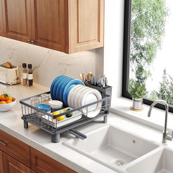 SNTD Dish Drying Rack for Small Kitchen Counter, 11" W x 15" L, Grey | Space Saving, Rotating Spout & Angled Drainboard for Quick Drainage, Stainless Steel, Removable Utensil Holder