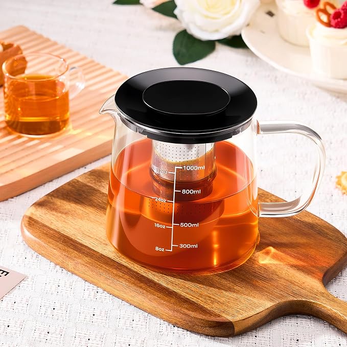 PARACITY Tea Pot with Infuser, Clear Stovetop Glass Tea Kettle with Scale | Borosilicate body and removable 18/8 stainless steel strainer support blooming and loose leaf brewing with measurements