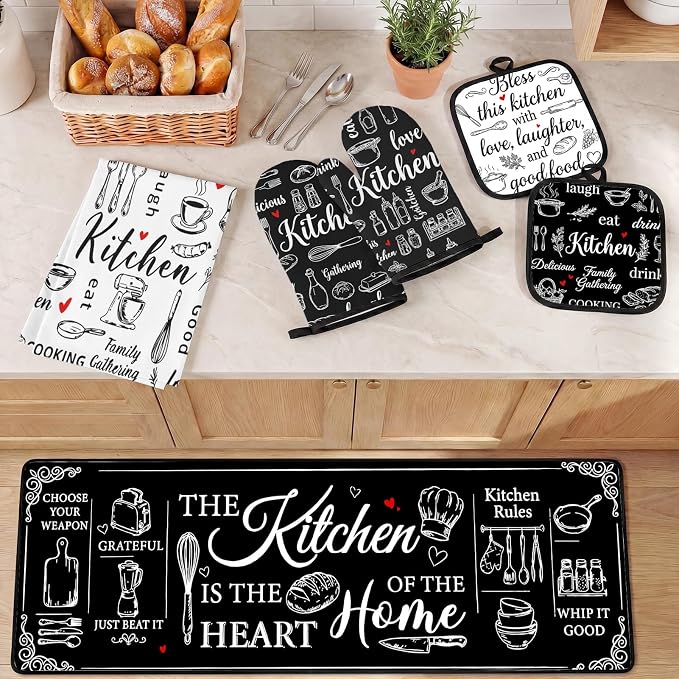 10 Pcs Kitchen Decor and Accessories Set, Modern Art | Farmhouse Chalkboard 4 Dish Towels Kitchen Rugs 2 Oven Mitts 2 Pot Holders, Home Decor for Cooking Baking BBQ Housewarming