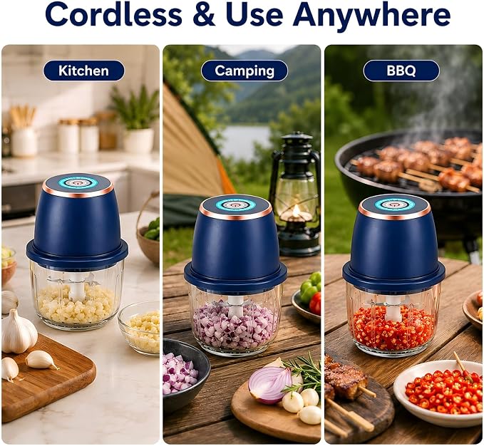 Electric Garlic Chopper, 350ml Mini Food Processor with 6 Stainless Steel Blades & Thickened Glass Bowl, USB Rechargeable Portable Food Grinder for Garlic, Onion, Nuts, Meat, Chili & Fruit(Blue)