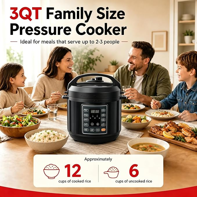 Simple Deluxe 10-In-1 Electric Pressure Cooker, 3QT Instant Multi Cooker, Olla de Presion Nonstick Pot 3 Quarts for Slow Cook, Rice Cook, Steam, Sauté, Canning, Yogurt Maker, Warm, Black