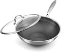 12.2 Inch Stainless Steel Honeycomb Wok Pan with Glass Lid, 3-Ply 18/10 Stainless Steel Stir Fry Pan, Flat Bottom Wok for Induction, Gas, Electric and Glass Stoves, 4.2 QT