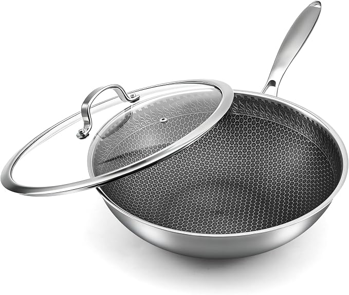 12.2 Inch Stainless Steel Honeycomb Wok Pan with Glass Lid, 3-Ply 18/10 Stainless Steel Stir Fry Pan, Flat Bottom Wok for Induction, Gas, Electric and Glass Stoves, 4.2 QT