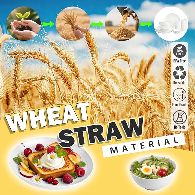 Wheat Straw Plates and Bowls Sets of 16，Unbreakable Dinnerware Sets for 4, Microwave & Dishwasher Safe Kids Dish Set for Kitchen, Outdoor, Camping, Party, RV- White