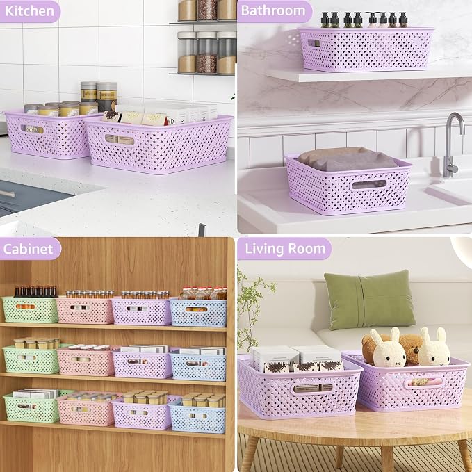 MaxGear 3 Pack Plastic Storage Baskets, Large, Purple | Durable Woven Plastic with Built-In Handles, Suitable for Shelves, Closets, Cabinets, Bathrooms and Offices