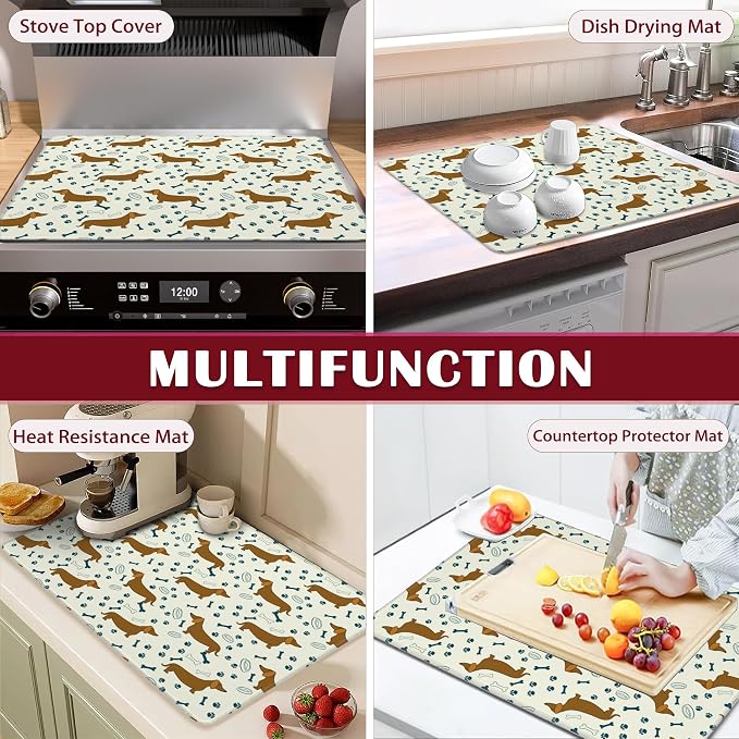 Stove Top Cover for Electric, Dachshund Dog Paw Glass Ceramic Stove Cover,Heat Resistant Flat Stovetop Protector, Dish Drying Mats for Kitchen