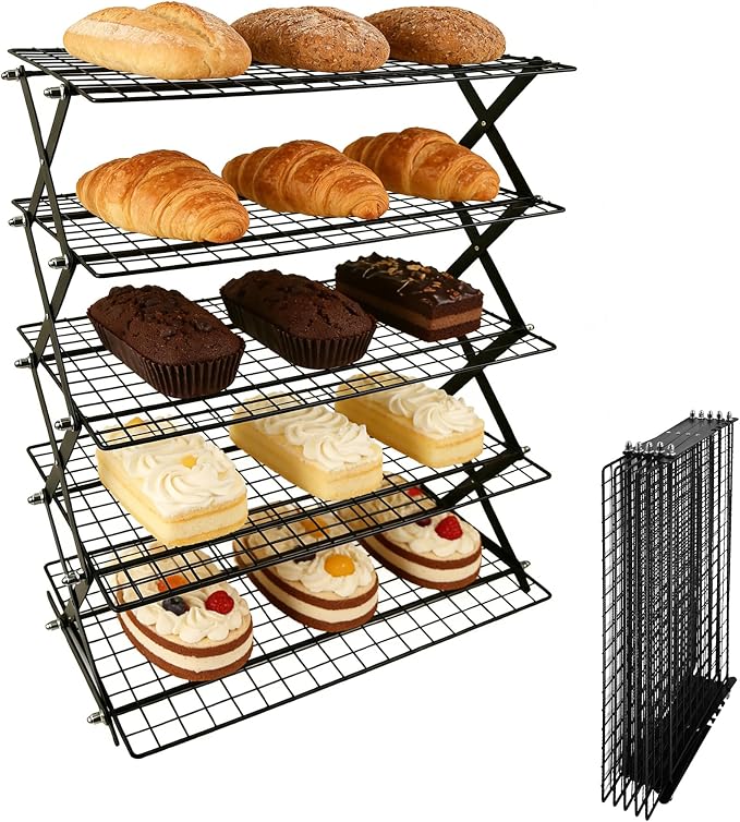 5 Tier Collapsible Cooling Rack Sourdough Cooling Rack 17"x10" | Cooling Racks for Cooking and Baking, Roasting, Grilling, Adjustable 6 Setting Design stackable, Oven & Dishwasher Safe