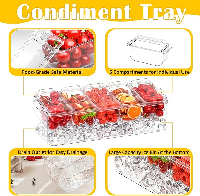 ARSTPEOE Condiment Tray, Chilled Condiment Server, Bar Accessories on Ice | Condiment Caddy for Home, Party and Celebration, Bar Accessories with Removable Trays and Lids (5 Spoons & 2 Tongs)