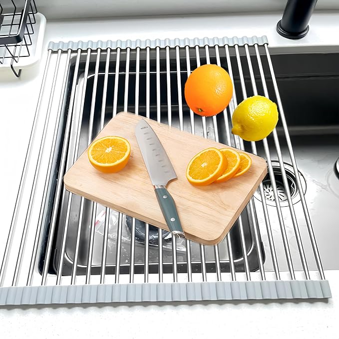 Roll Up Dish Drying Rack, 21.3" x 15.8" Over The Sink Dish Drying Rack, Dish Drying Rack for Kitchen Sink Counter Storage (Grey)