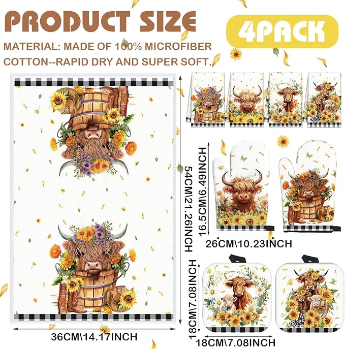 VitalCozy 8 Pcs Highland Cow Kitchen Towels Pot Holders Oven Mitt Set Absorbent Highland Cattle Dish Towels Square Potholders Watercolor Heat Resistant Glove for Home Cooking Baking Gift(Sunflower)