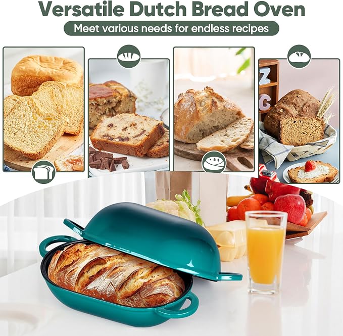 TeamFar Enameled Cast Iron Bread Loaf Pan, 2 QT Oval Dutch Oven with Lid | for Sourdough Bread Baking, Enameled Meatloaf Loaf Baking Pan with Lid, Even Heat Distribution & Self-Basting, Basil Green