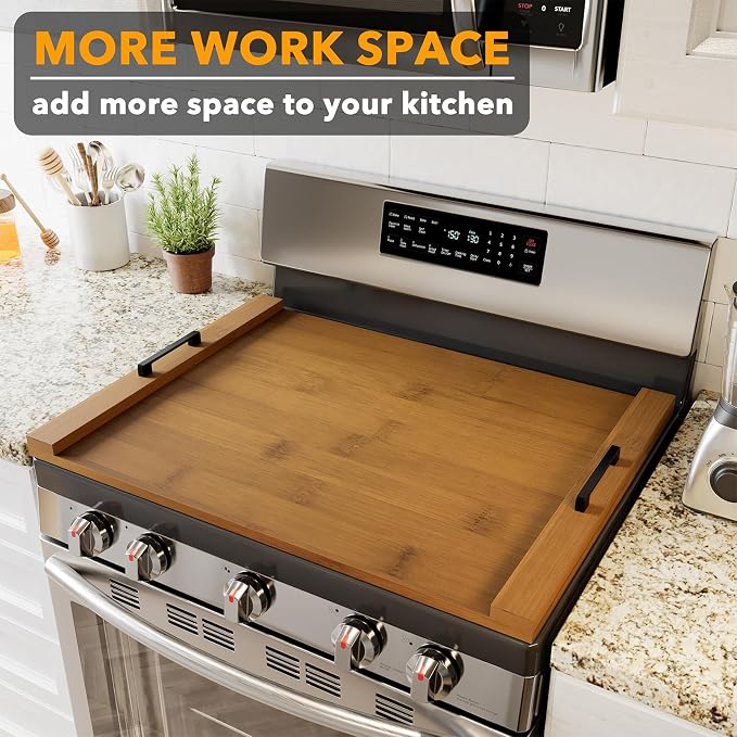 SpaceAid Noodle Board Stove Kitchen Cover with Handles, Top Covers for Gas Burners and Electric Stove, Oven Decor Accessories Wood Tray for Countertop, Brown Bamboo