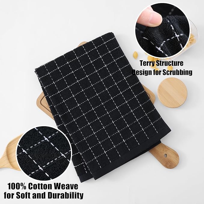 Homaxy 100% Cotton Terry Kitchen Towels, Large 6 Pack, Black | Ultra Soft and Absorbent Dish Towels for Kitchen, Suitable for Drying and Washing Dishes