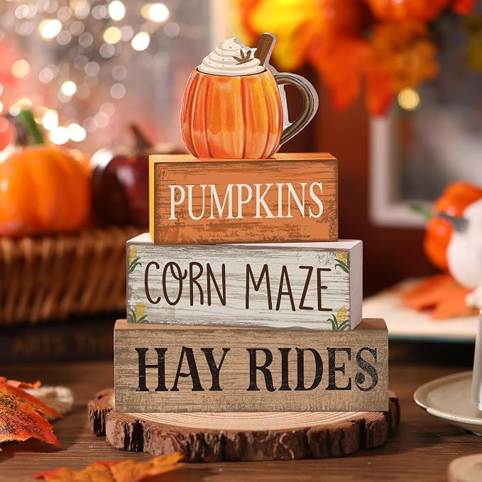 Lineshading 4 Pcs Fall Tiered Tray Decor, Wooden Pumpkin Farmhouse Signs | Rustic Wooden Blocks with Pumpkin Cup, Corn Maze Hay Rides Text, Tabletop Home Decoration for Fall Harvest
