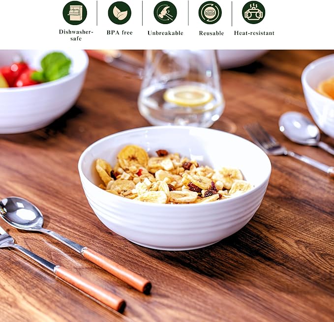 7-Inch Melamine Bowls (Set of 6) - Unbreakable and Reusable Plastic Dinnerware with Ceramic Feel, Stackable and Dishwasher-Safe - Versatile for All Meals (White)