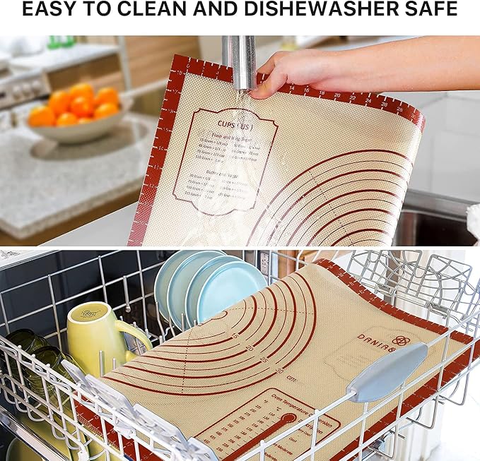 DANIA & DEAN 2 Pack 26"x16" & 11"x16" Extra Thick Silicone Baking Mat Set | Non-Slip & Non-Stick Mat with Measurements, for Pastry, Dough Rolling, Pizza, Sourdough, Counter & Reusable Oven Baking Sheet