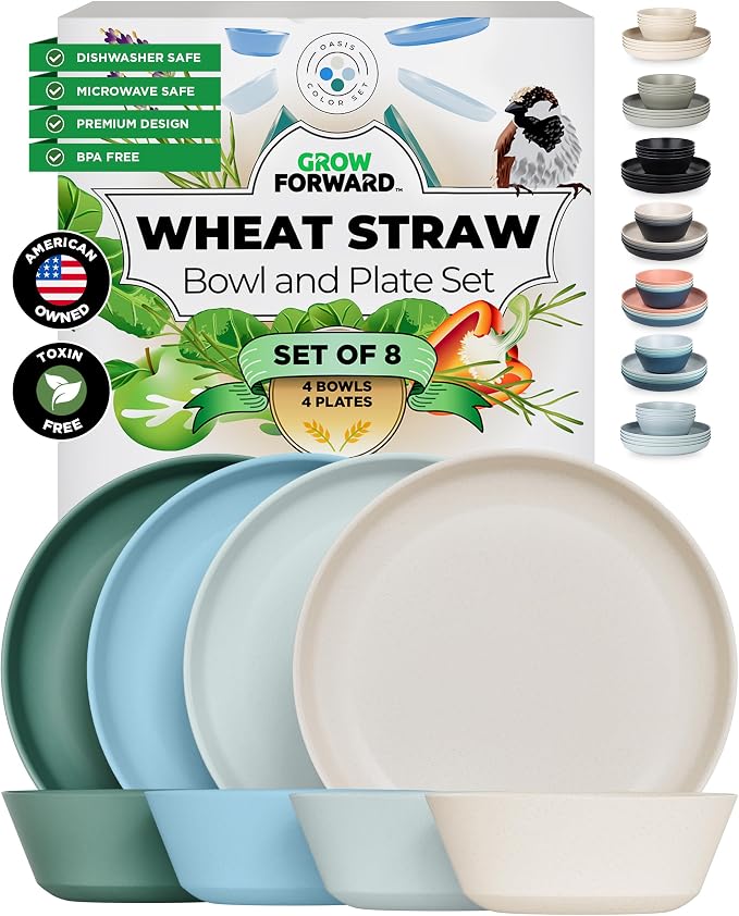 Grow Forward Premium Wheat Straw Plates and Bowls Sets - 8-Piece Wheat Straw Dinnerware Sets - Unbreakable & Reusable Microwave Safe Plastic Dinner Plates for Outdoors, RV, Camping Dishes - Oasis
