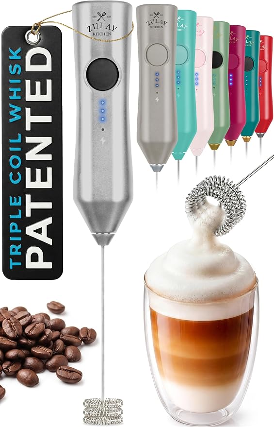 Zulay Kitchen Rechargeable Milk Frother Handheld - Frother Wand, Drink Mixer, Electric Whisk Frother, for Cappuccinos, Matcha & Protein Powder - Dynamic Triple Whisk, 3 Speed 500mAh Silver