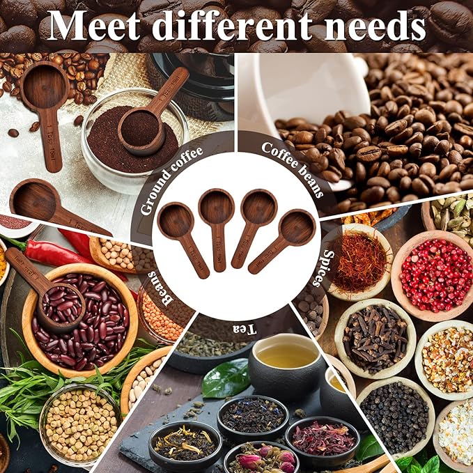4 Pcs Coffee Wooden Scoop for Canisters Jars 15ml 1 Tablespoon | Small Coffee Scoop for Ground Caf Walnut Wood Measuring Spoons Home Kitchen Accessories for Beans, Tea, Sugar, Bath Salt