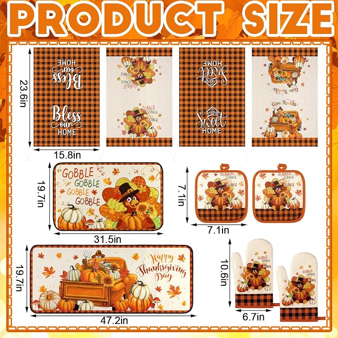 Fanfanwin 10 Pcs Fall Thanksgiving Turkey Kitchen Decor Set Kitchen Towels Pot Holders Oven Mitts and Rugs Set Thanksgiving Towels for Baking Cooking BBQ Autumn Home
