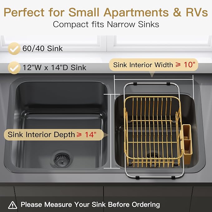 JASIWAY Gold Dish Drying Rack in Sink with Utensil Holder, RV, Apartment | Over Sink Expandable Stainless Steel Dish Drainers for Compact Kitchen, Space Saving, Fast Drain, Rustproof, For 1-2 people