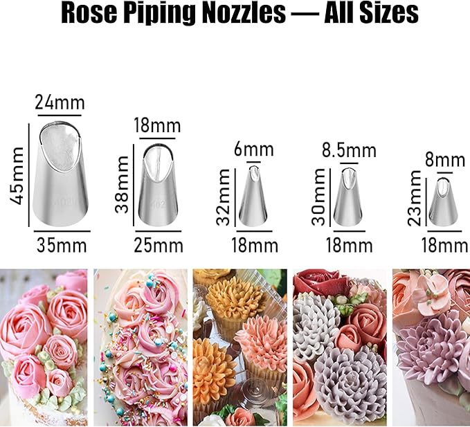 Dr.Pedi 5 Pieces Rose Flower Piping Tips Set Cake Decorating Tips Icing Piping Nozzles Set Cupcake Decorating Kit Cupcake Pastry Tool
