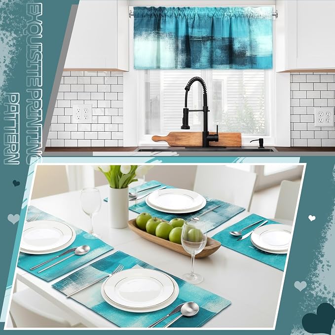 16 Pcs Turquoise Kitchen Decor and Accessories Set 4 Teal Abstract Area Kitchen Towels 2 Non Slip Rugs and Mats 2 Modern Grey Oven Mitts 2 Pot Holders 4 Placemats 2 Curtains for Home Decoration Gift