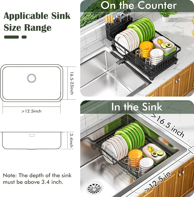 Kmiectse Dish Drying Rack for Small Kitchen Counter with Utensil Holder | Space Saving, Rust Resistant, Quick Drainage Dish Rack, Compact Dish Drainer Organizer for Home Kitchen, Black