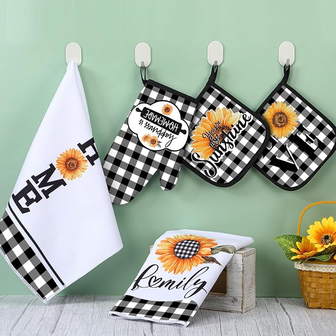 5 Pcs Buffalo Plaid Kitchen Towels Oven Mitts and Pot Holder Set,Sunflower | Sunflower Checkered Kitchen Decor, Black White Kitchen Towel Oven Glove, Sunflower Farm House Accessory Decor, High Quality