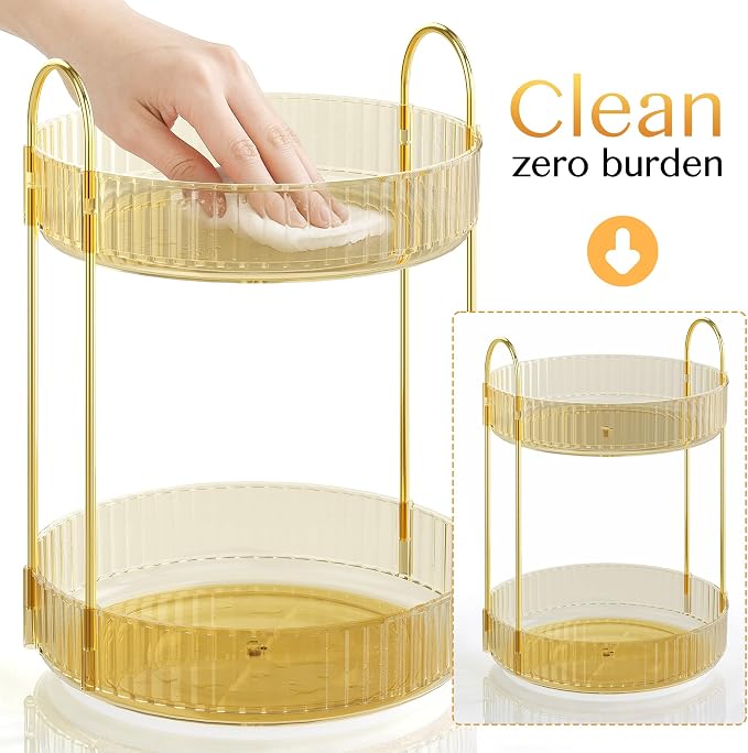 Rotating Makeup Organizer Countertop, 2 Tier, Gold | Skincare Organizers, Spinning Perfume Tray Stand, Makeup Storage Organizer for Vanity, Bathroom Organizer, Lazy Susan