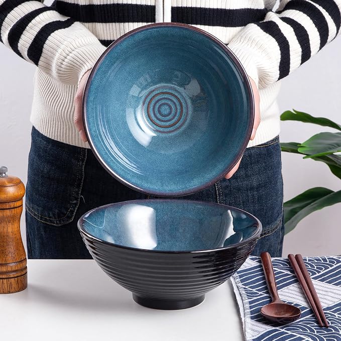 Ceramic Japanese Ramen Bowl Set, 2 Sets Asian Pho Udon Soup Noodle Bowls with Spoons and Chopsticks (Starry Blue, 8 inches)
