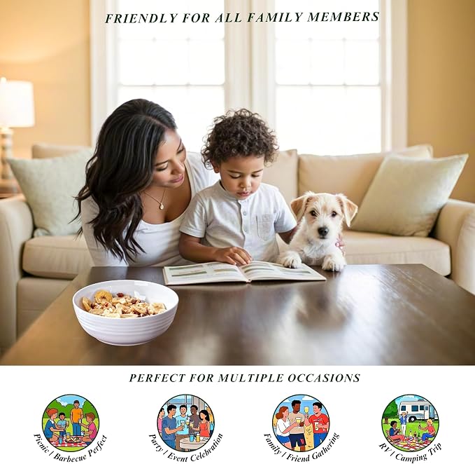 7-Inch Melamine Bowls (Set of 6) - Unbreakable and Reusable Plastic Dinnerware with Ceramic Feel, Stackable and Dishwasher-Safe - Versatile for All Meals (White)