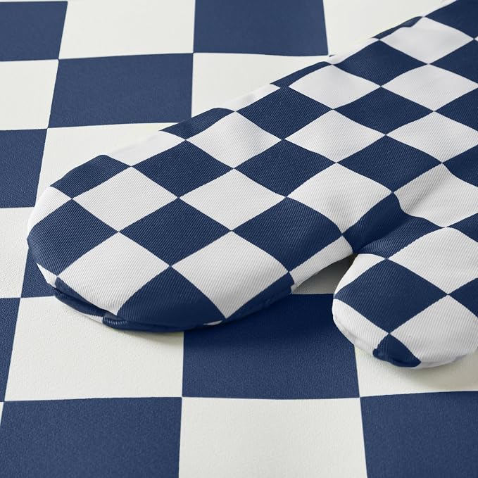 Ohocut Navy Blue Checkered Oven Mitts Heat Resistant, Vintage Retro Checkerboard Cute Oven Mitts, Non-Slip Silicone Kitchen Oven Gloves, 2-Pack Set, 7''x13''